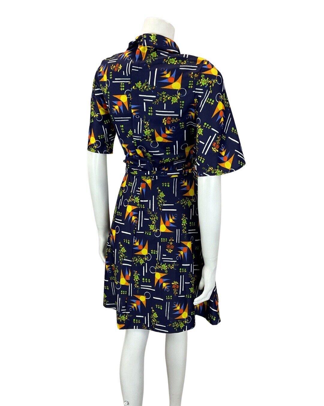 VINTAGE 60s 70s BLUE YELLOW GREEN GEOMETRIC FLOWER DAGGER COLLAR SHORT DRESS 10