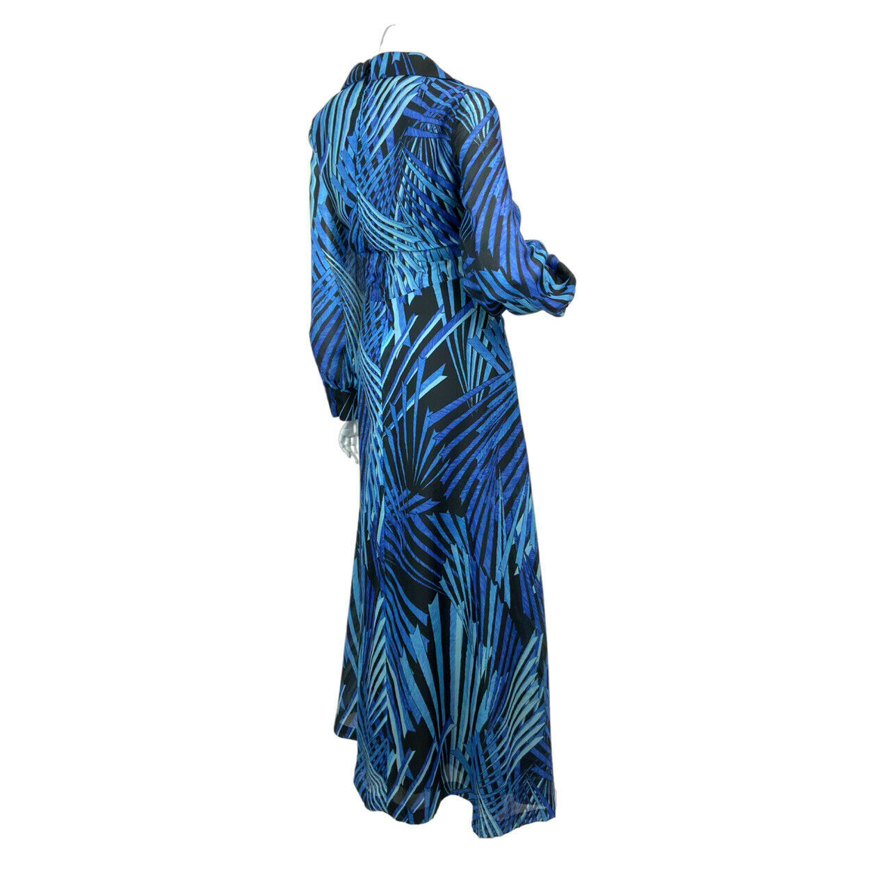 VINTAGE 60s 70s BLUE BLACK GEOMETRIC PALM PSYCHEDELIC SHEER DAGGER MAXI DRESS 14