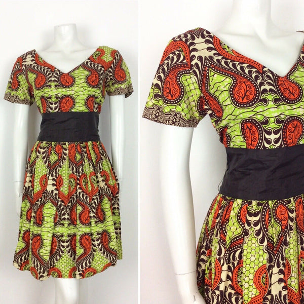 VINTAGE 60s 70s DRESS PSYCHEDELIC ANIMAL PRINT BATIK LIME GREEN ORANGE BLACK 14