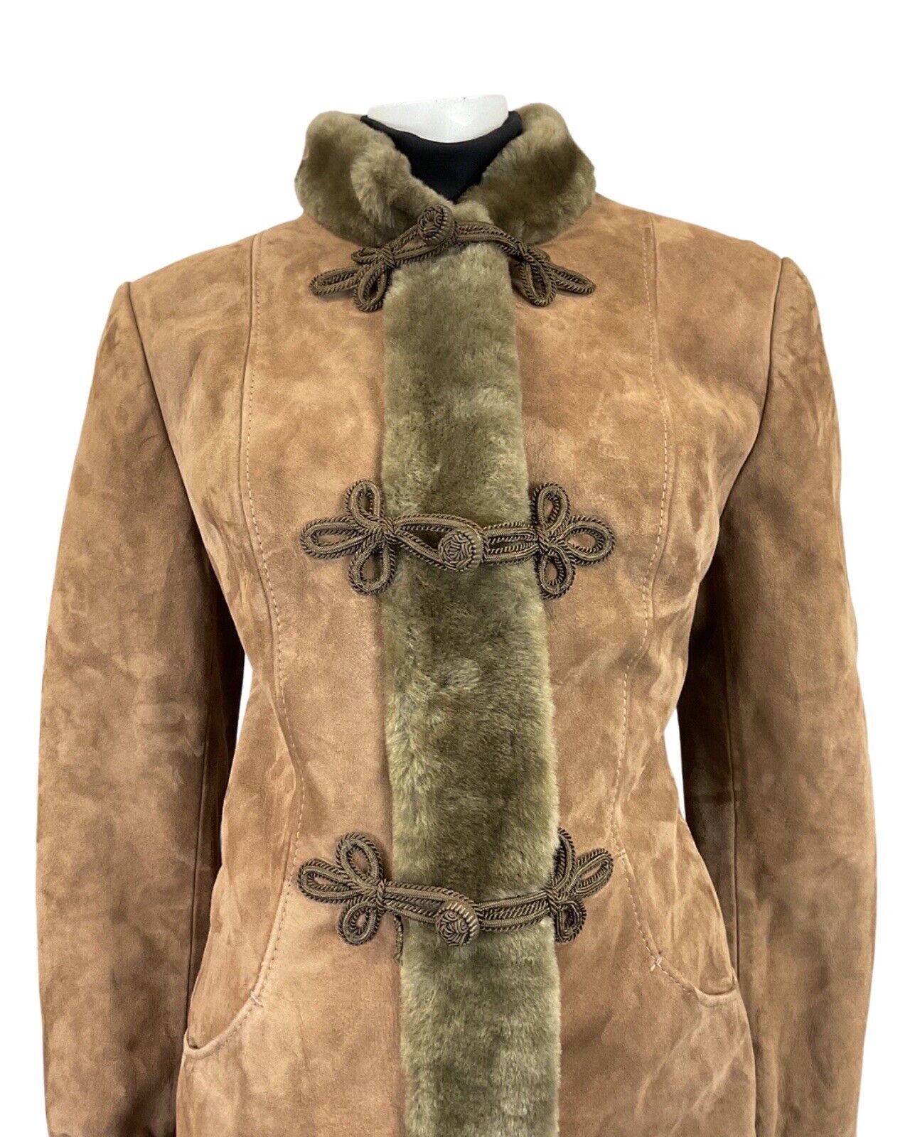 VINTAGE 60s 70s LIGHT BROWN SUEDE BROCADE DR ZHIVAGO SHEARLING LONG COAT 14 16