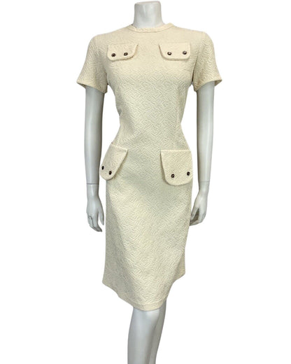 VINTAGE 60s 70s CREAM OFF WHITE TEXTURED MOD MIDI OCCASION DRESS 12