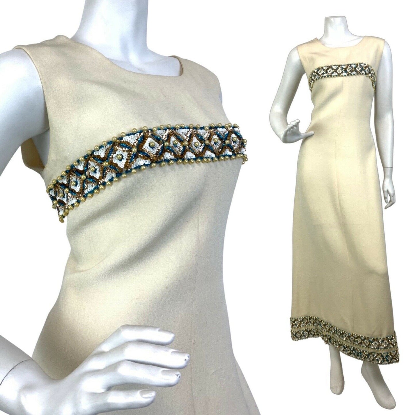 VINTAGE 60s 70s CREAM BLUE GOLD SEQUIN BEADED EMPIRE LINE PARTY MAXI DRESS 10 12