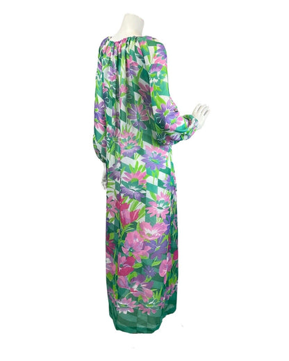 VINTAGE 60s 70s GREEN PINK PURPLE FLORAL FLOATY TENT SHEER MAXI DRESS 12 14