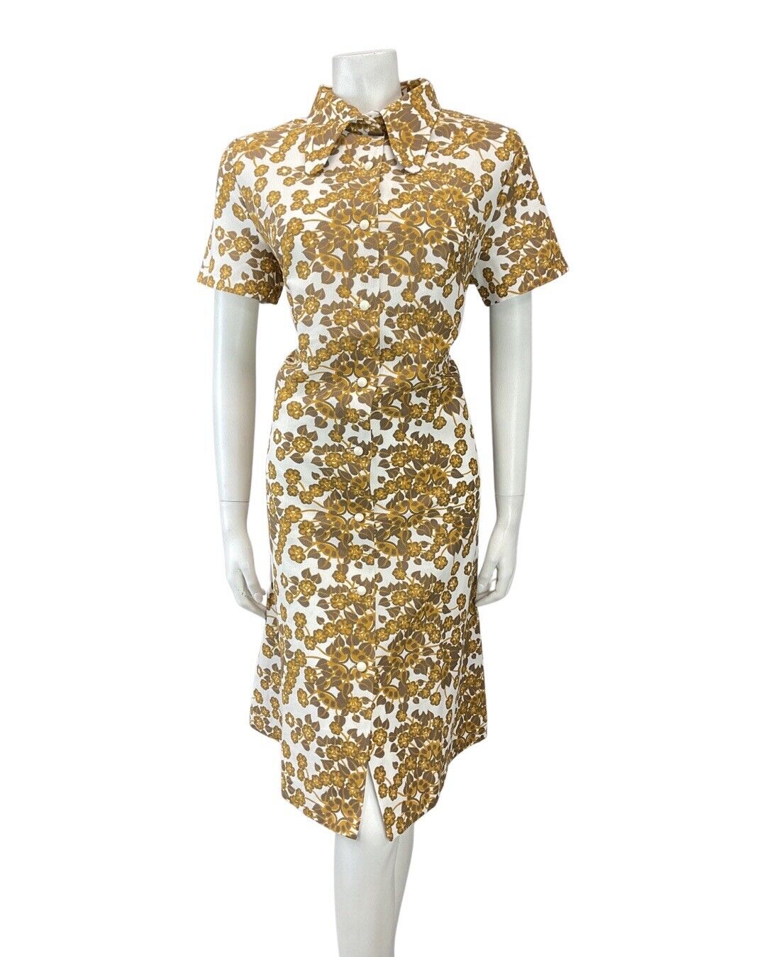 VINTAGE 60s 70s BROWN GOLD WHITE FLORAL LEAFY SPOON COLLAR MOD SHIRT DRESS 14 16