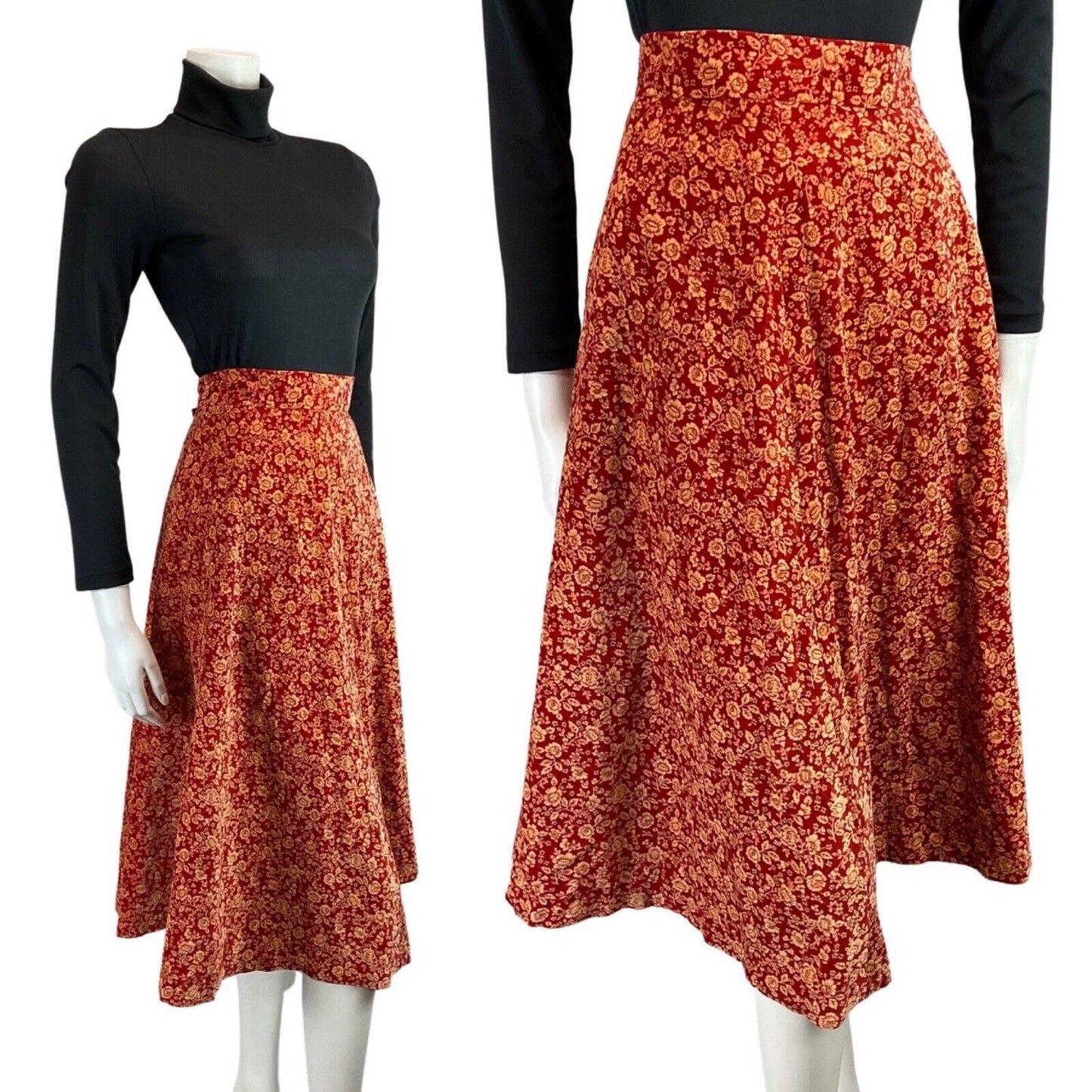 VINTAGE 60s 70s RED CREAM DITSY FLORAL BOHO FOLK VELVET KNEE-LENGTH SKIRT 10 12