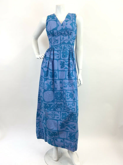 VINTAGE 60s 70s BLUE PURPLE GEOMETRIC AZTEC FLORAL FOLK SLEEVELESS MAXI DRESS 8