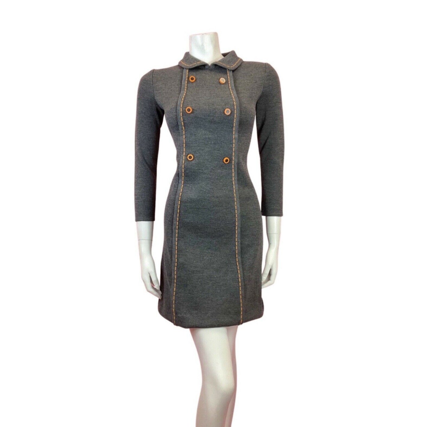 VINTAGE 60s 70s GREY ORANGE BLACK PETER PAN COLLAR MOD MINI SHIFT DRESS 4 6