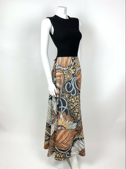 VTG 60s 70s BLACK ORANGE PEACH WHITE PSYCHEDELIC LEAFY FLORAL MAXI DRESS 8