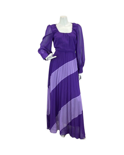 VINTAGE 60s 70s PURPLE LILAC PLEATED SHEER SLEEVE DISCO BOHO FOLK  MAXI DRESS 8