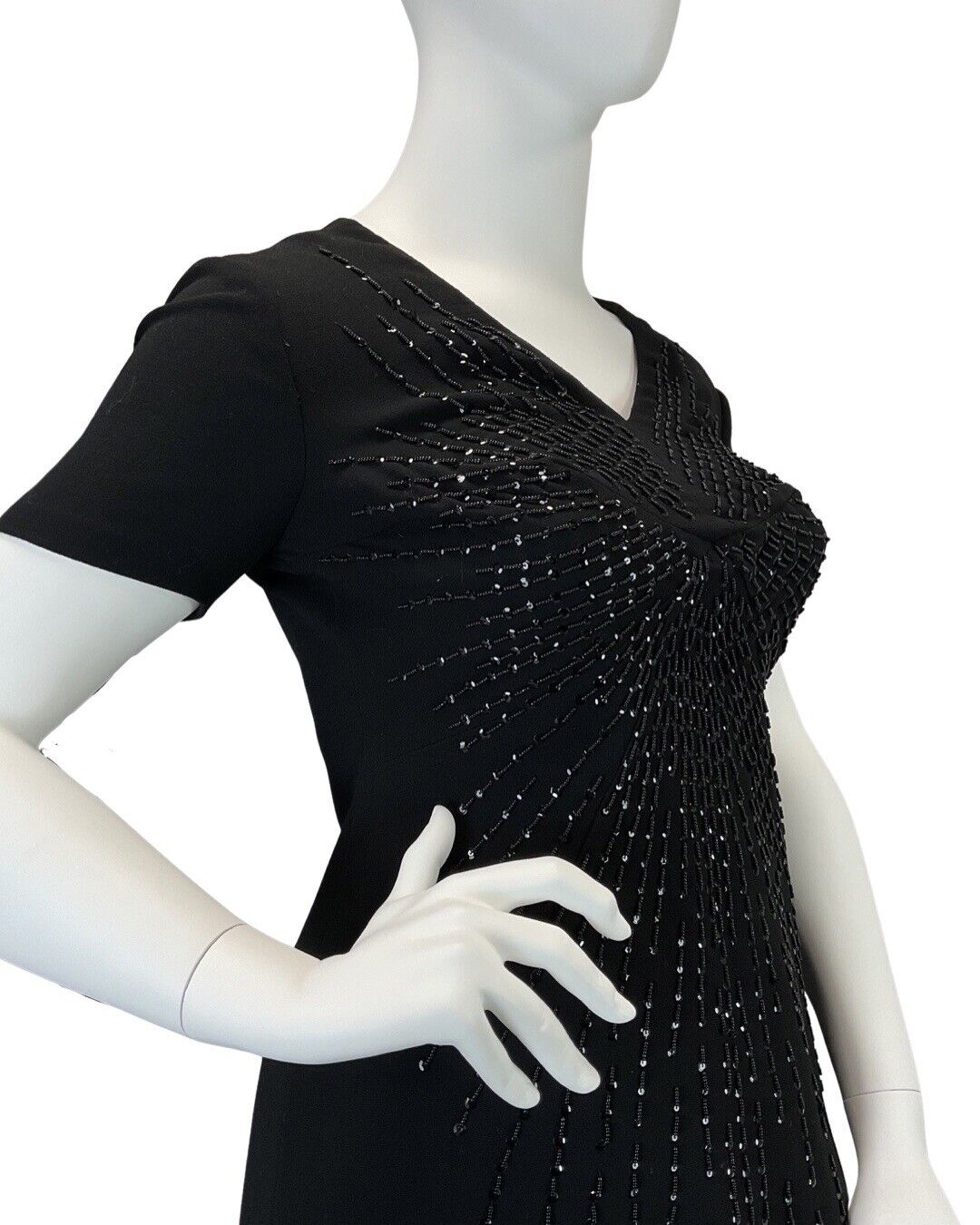 VINTAGE 60s 70s BLACK STARBURST BEADED SEQUINNED PARTY WOOL SHORT DRESS 14