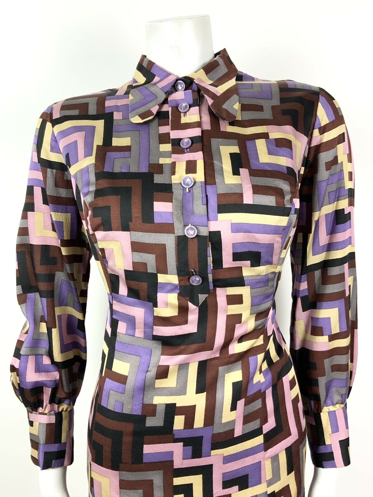 VTG 60s 70s PURPLE BROWN SILVER PINK GEOMETRI DOG-EAR COLLAR SHIRT DRESS 12 14