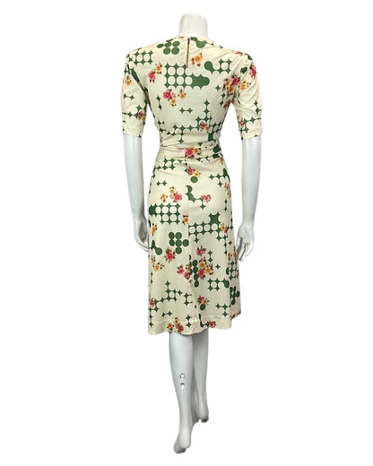 VTG 60s 70s CREAM GREEN PINK FLORAL PSYCHEDELIC MOD MIDI DRESS 12