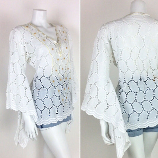 VTG 60s 70s WHITE ETHNIC PEASANT TOP WATERFALL CAPE SLEEVE LACE EYELET 10 12 14