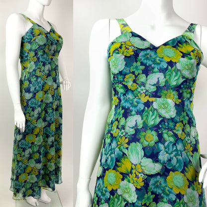 VINTAGE 60s 70s BLUE GREEN PURPLE FLORAL SHEER SWEETHEART MAXI DRESS 12