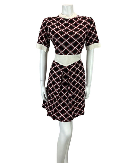 VINTAGE 60s 70s BLACK WHITE RED CHECKED WOOL MINI MOD BOHO DRESS 14