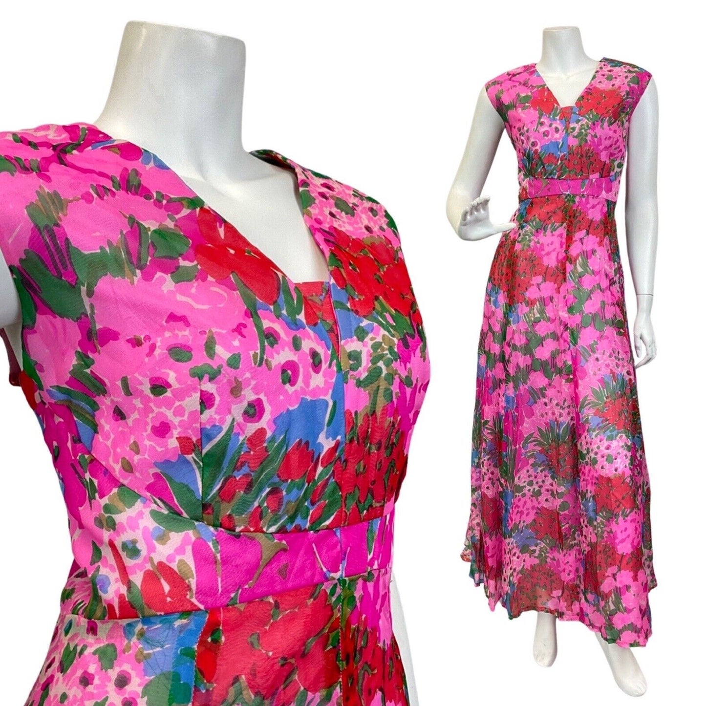 VINTAGE 70s PINK RED GREEN PSYCHEDELIC FLORAL SLEEVELESS SUMMER MAXI DRESS 12 14