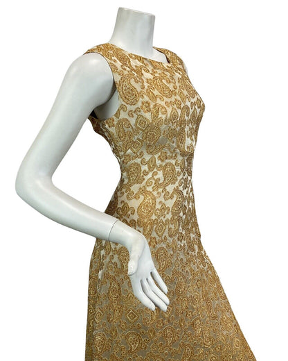 VTG 60s 70s GOLD BRONZE PAISLEY PRINT EMBROIDERED BOHO PARTY  MAXI DRESS 10 12