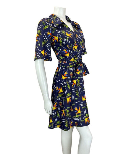 VINTAGE 60s 70s BLUE YELLOW GREEN GEOMETRIC FLOWER DAGGER COLLAR SHORT DRESS 10