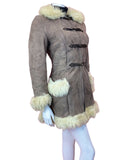 VINTAGE 60s 70s PEANUT BROWN CREAM SUEDE LEATHER BOHO SHEARLING COAT 10 12