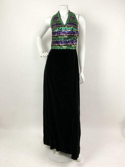 VTG 60s 70s BLACK VELVET GREEN PURPLE GOLD SEQUIN DISCO HALTER MAXI DRESS 10 12