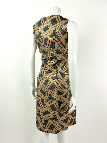 VTG 60s GREY ORANGE SILVER GOLD BLACK GLITTER GEOMETRIC FLORAL DRESS 14 16