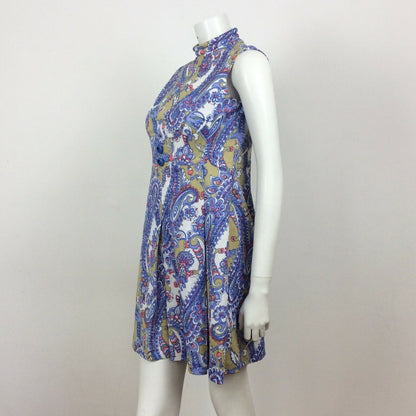 60S VINTAGE PURPLE CREAM MUSTARD PINK PAISLEY PATTERN MINI DRESS 8 10