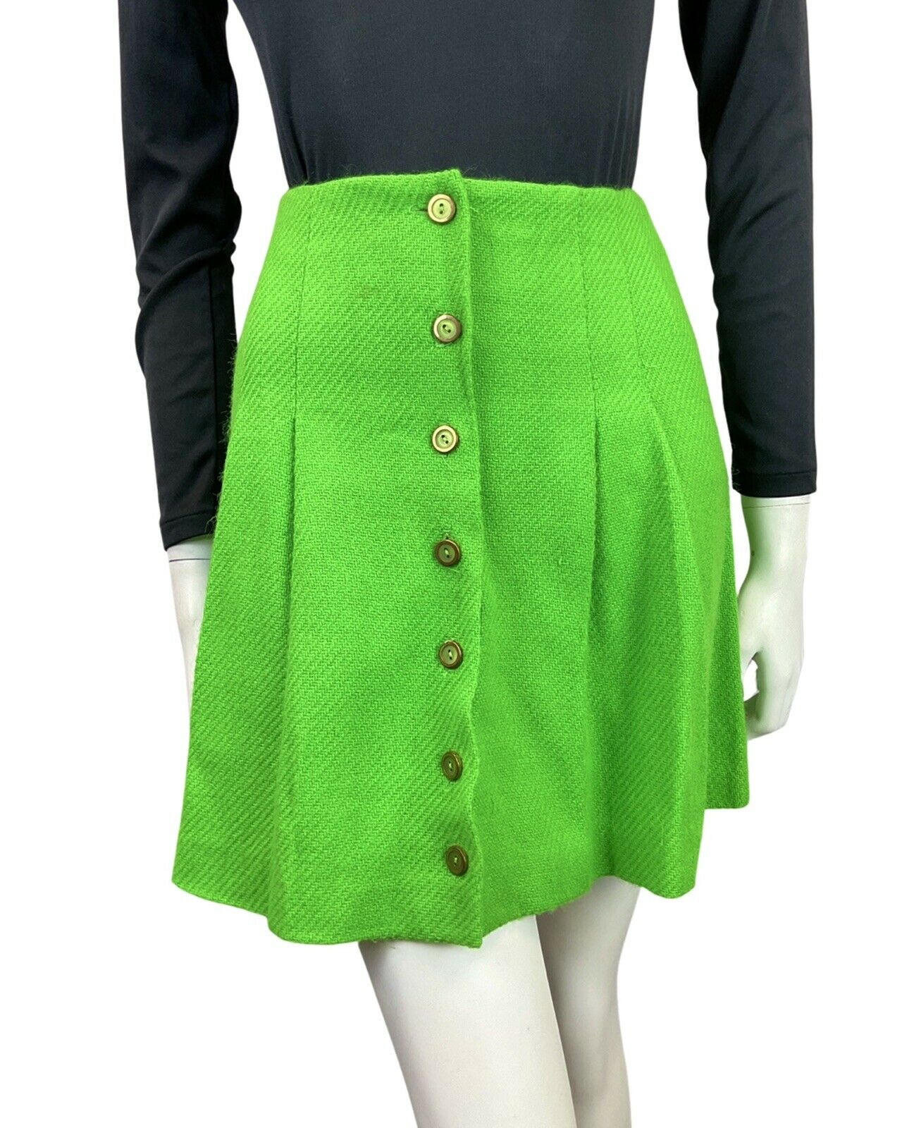 VINTAGE 60s 70s BRIGHT GREEN BRASS MOD PLEATED SHORT MINI SKIRT 4