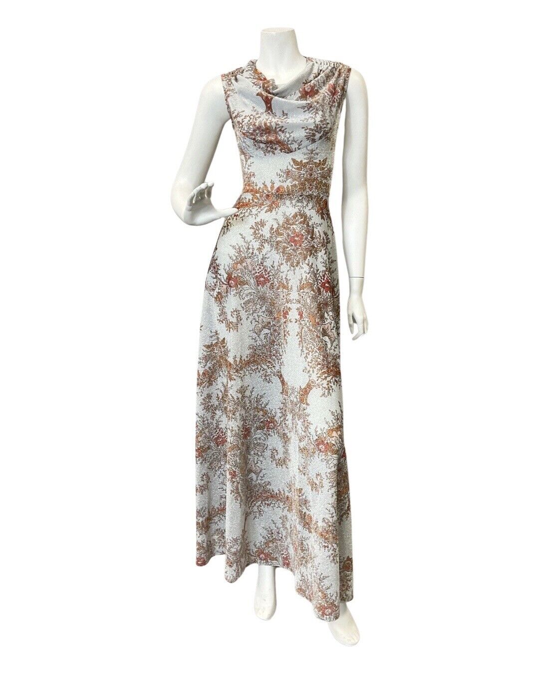 VINTAGE 70s SILVER RED BROWN FLORAL STUDIO 54 GLAM DISCO LUREX GOWN MAXI DRESS 6