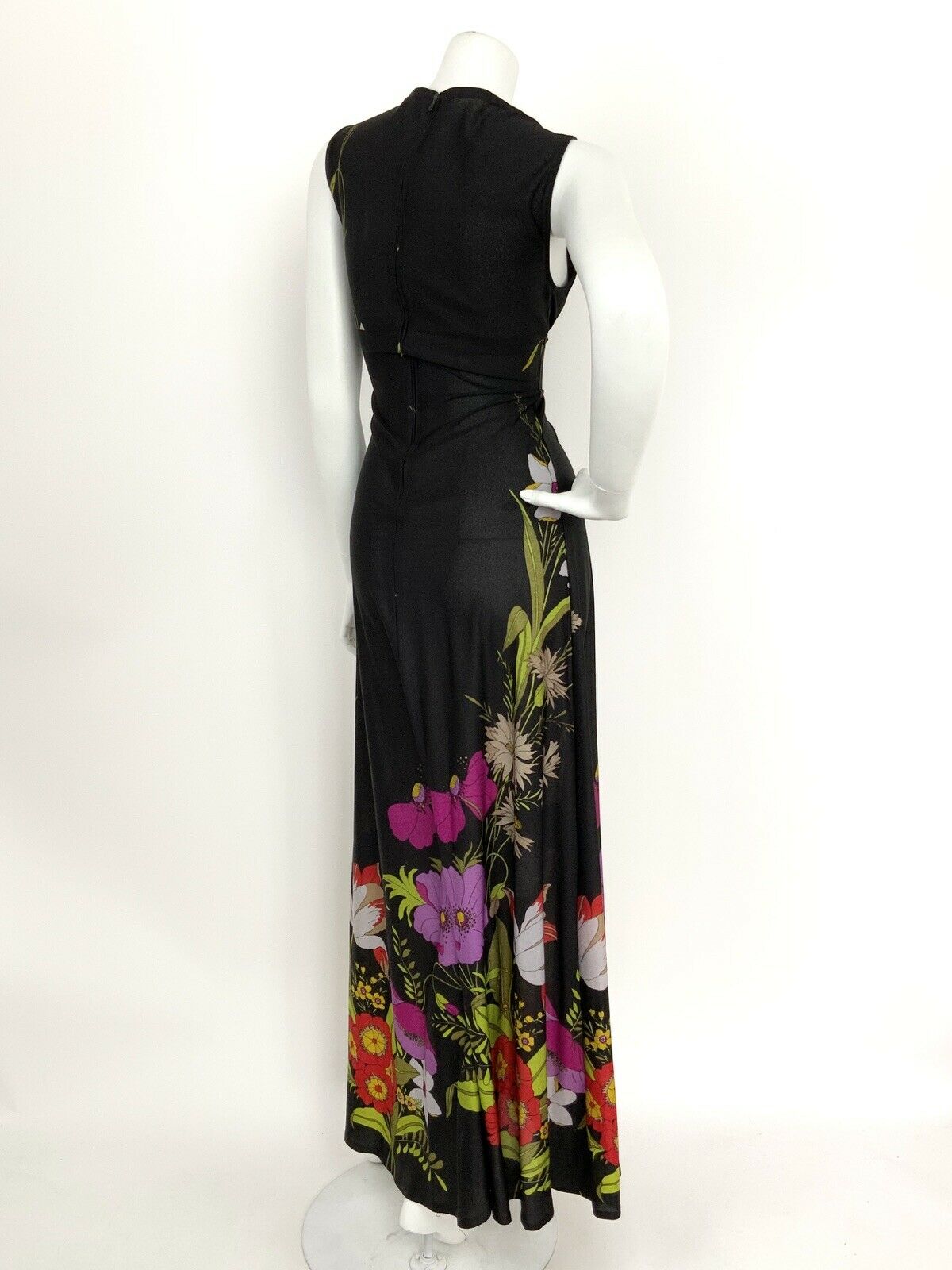 VINTAGE 60s 70s BLACK PURPLE WHITE RED FLORAL SLEEVELESS MAXI DRESS 10