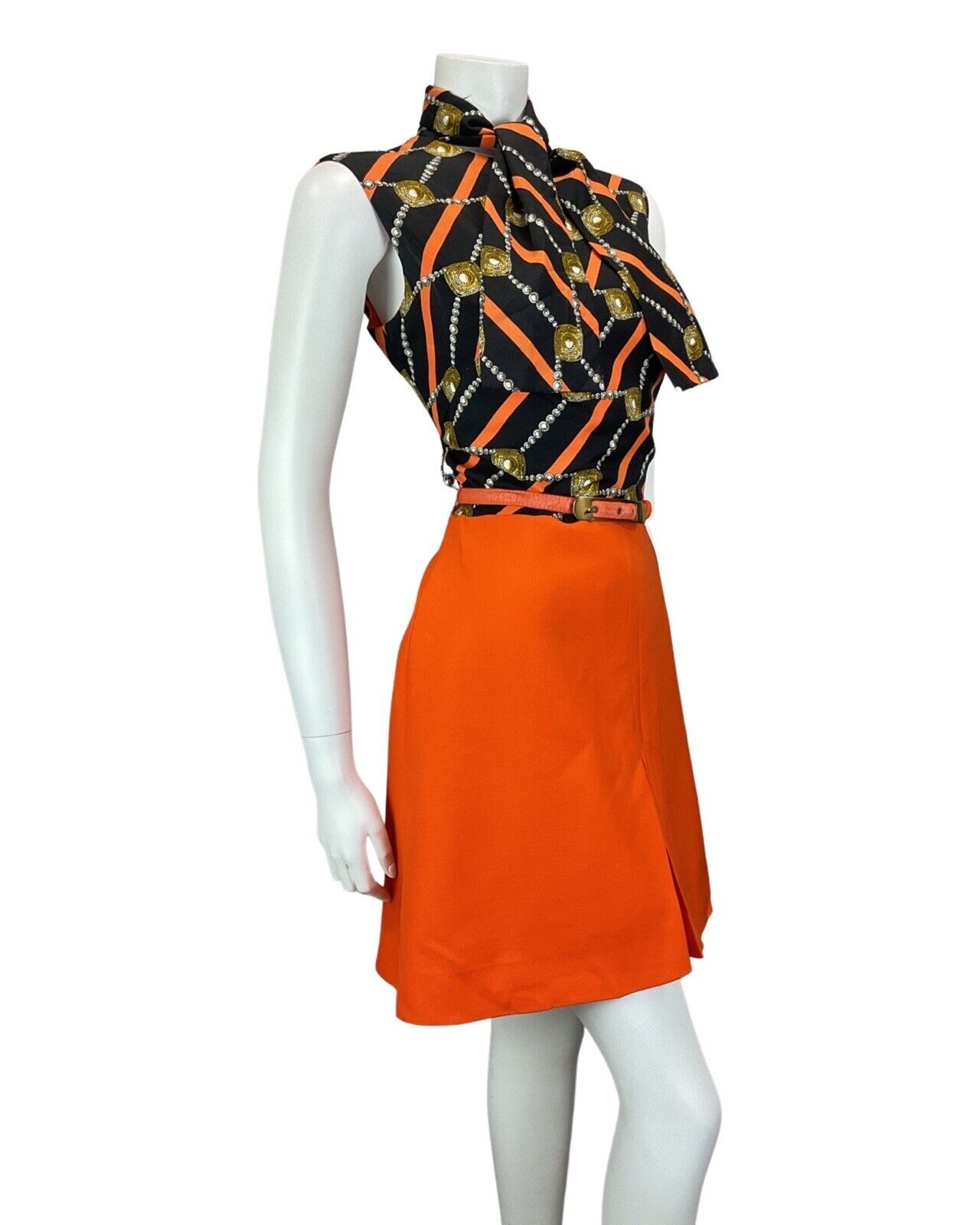 VINTAGE 60s 70s ORANGE BLACK STRIPED BELTED MOD PUSSYBOW SLEEVELESS MOD DRESS 12