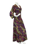 VINTAGE 60s 70s BROWN PURPLE YELLOW FLORAL PRINT MAXI DRESS 14