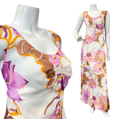 VINTAGE 60s 70s WHITE PURPLE YELLOW FLORAL VINE SLEEVELESS SUMMER MAXI DRESS 12