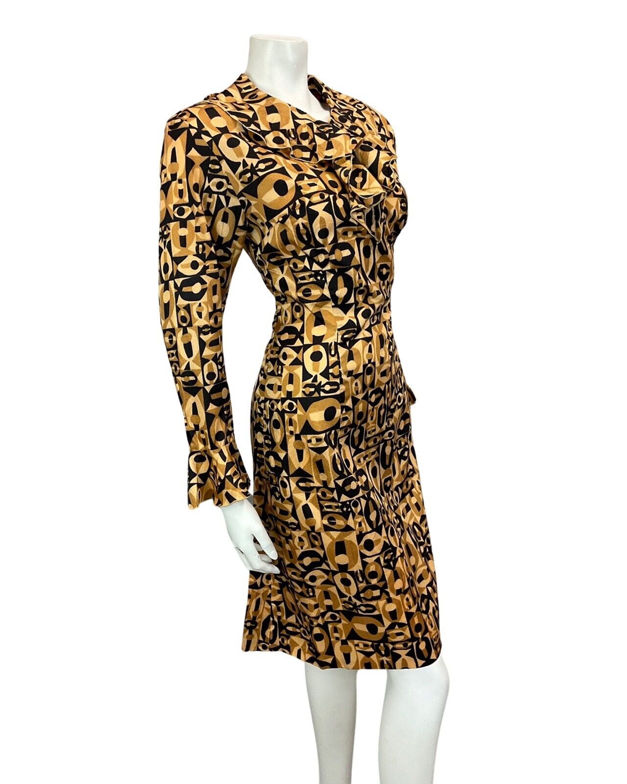 VINTAGE 60s 70s TAN BROWN BLACK PSYCHEDELIC RUFFLE MINI DRESS DRESS 10 12