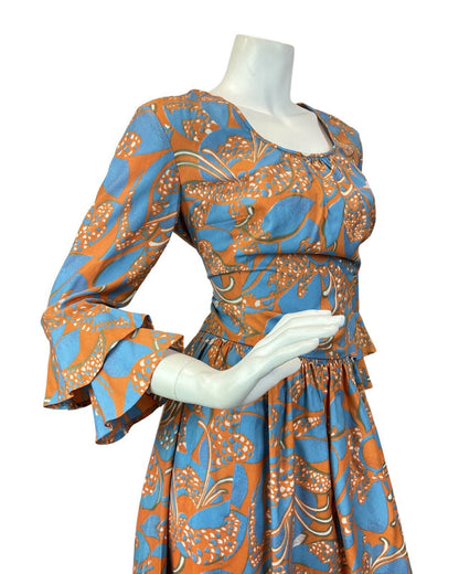 VINTAGE 60s 70s BLUE ORANGE PSYCHEDELIC FLORAL FLOUNCE SLEEVE MOD MAXI DRESS 12