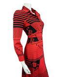 VINTAGE 60s 70s RED BLACK ABSTRACT PRINT MIDI MOD BOHO DISCO PARTY DRESS 8 10