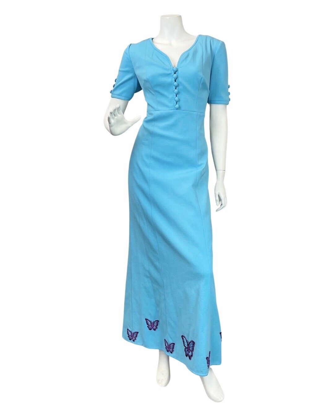 VINTAGE 60s 70s BRIGHT BLUE PURPLE BUTTERFLY EMBROIDERED MOD MAXI DRESS 12 14