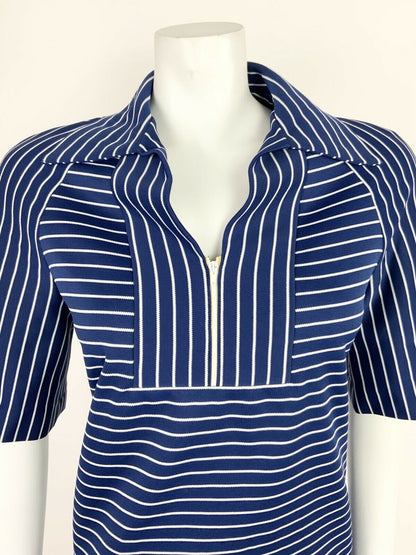 VTG 60s 70s NAVY BLUE WHITE STRIPED WING SHIRT COLLAR SHIFT DRESS 12 14 16