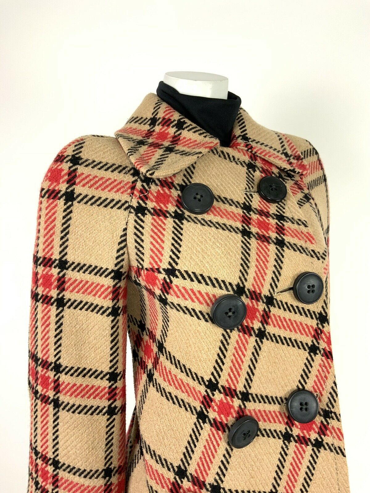 VINTAGE 60s 70s BEIGE BLACK RED PLAID CHECKERED SWING COAT 8 10