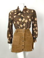 VINTAGE 60s 70s BLACK BROWN CREAM GOLD STRIPED GEOMETRIC DAGGER SHIRT 14