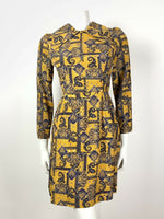 VTG 60s 70s YELLOW BLUE GOLD FLORAL PAISLEY PSYCHEDELIC DAGGER COLLAR DRESS 6 8