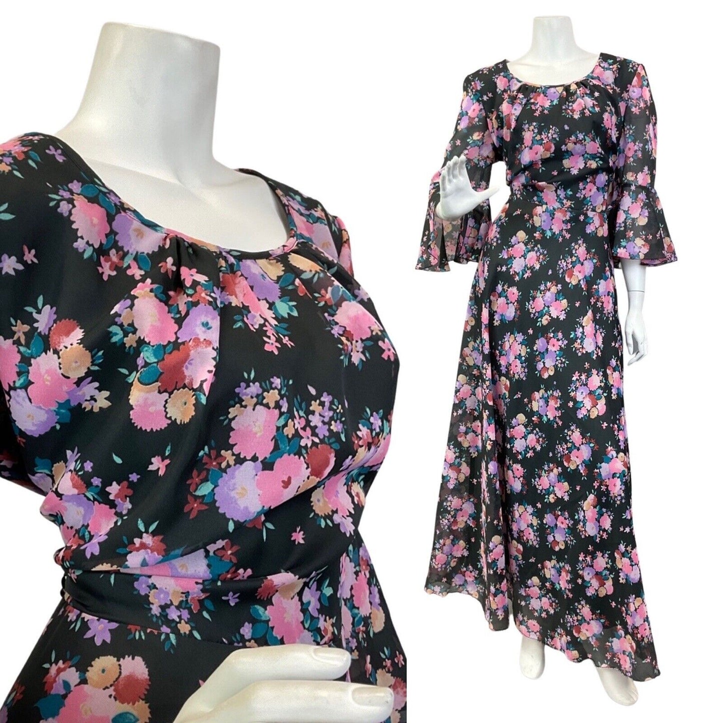 VINTAGE 60s 70s BLACK PINK BLUE FLORAL BOUQUET FLOUNCE SLEEVE BOHO MAXI DRESS 16