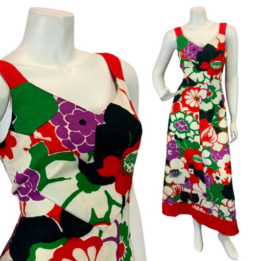 VINTAGE 60s 70s WHITE RED GREEN PSYCHEDELIC FLORAL SLEEVELESS MAXI DRESS 10