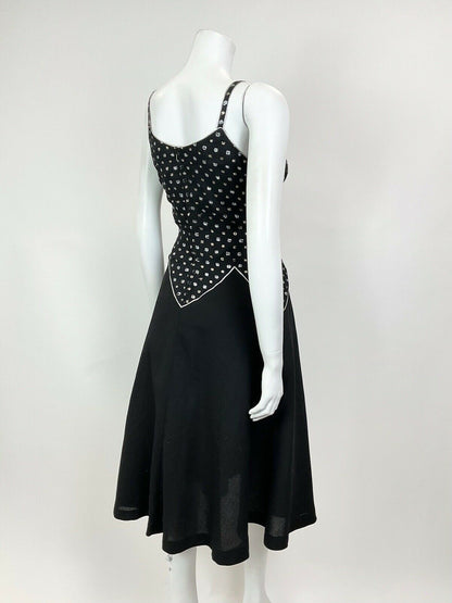 VINTAGE 60s 70s BLACK SILVER GOLD DOTTY DISCO STUDIO 54 STRAPPY SWING DRESS 10