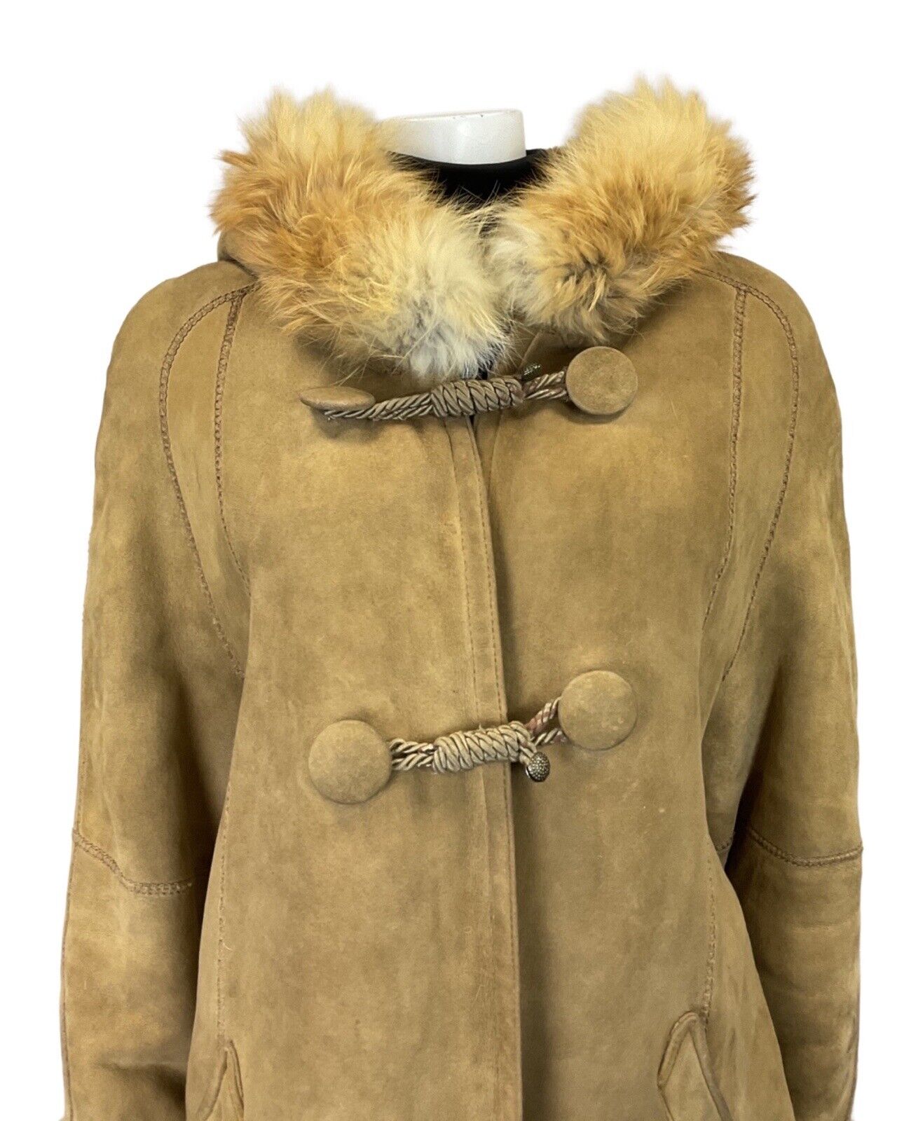 VINTAGE 60s 70s LIGHT BROWN SUEDE HOODED BOHO TENT FLARED SHEARLING COAT 14 16