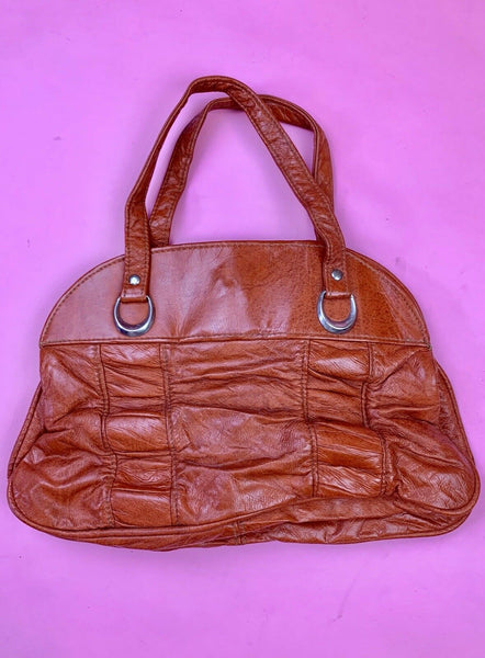 VINTAGE 60s 70s ORANGE SILVER RUCHED LEATHER MOD BOHO SHOULDER BAG