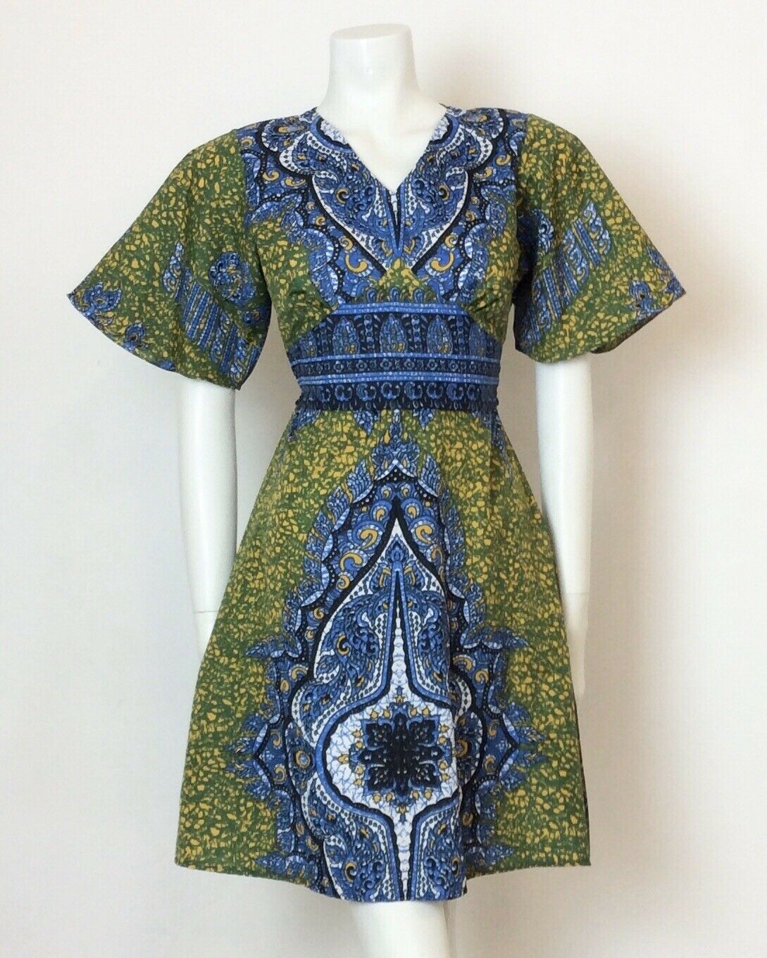 VINTAGE 70S GREEN BLUE YELLOW BATIK ETHNIC KAFTAN DRESS 10