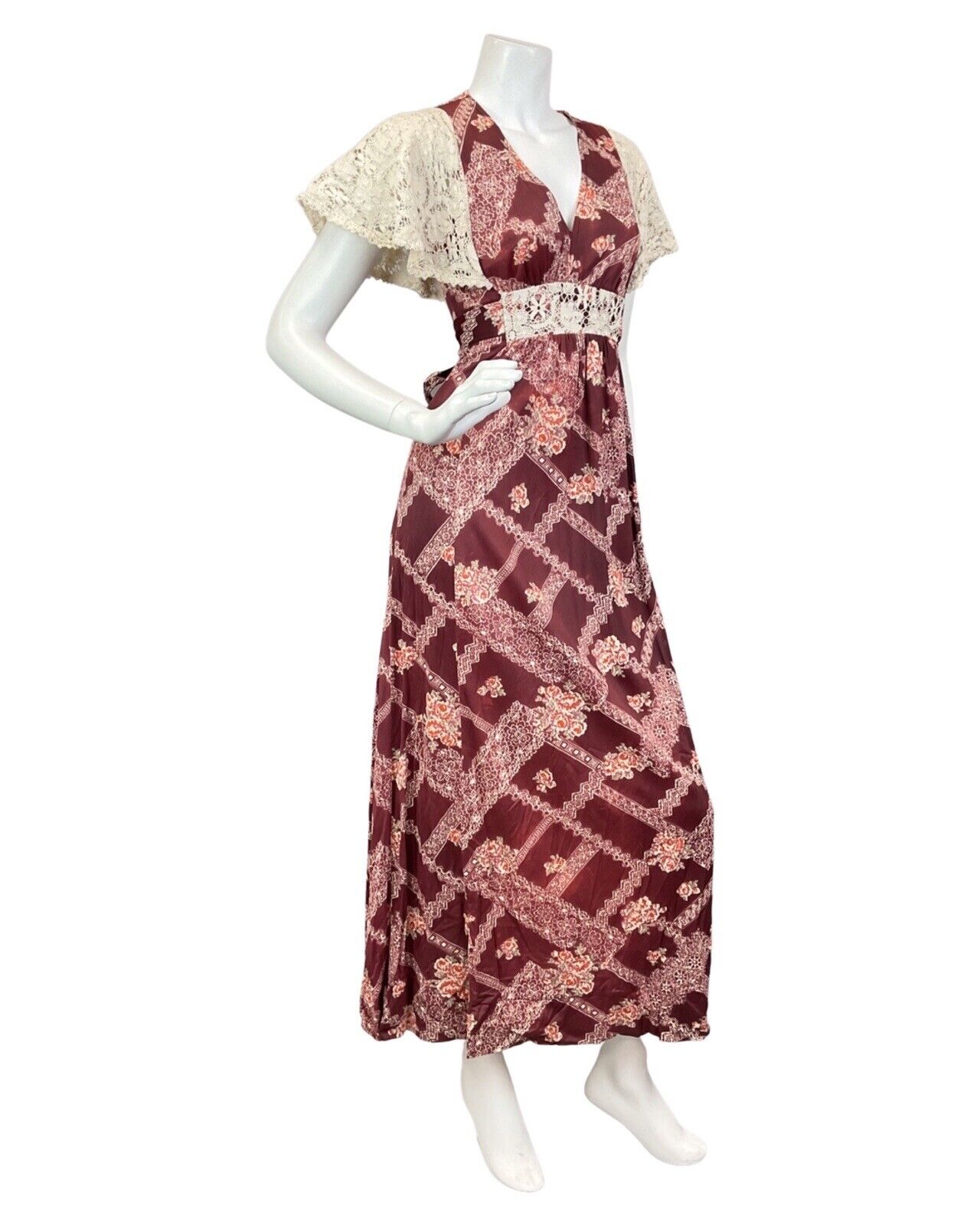 VINTAGE 60s 70s WINE RED CREAM CROCHETED FLORAL MANDALA BOHO MAXI DRESS 8