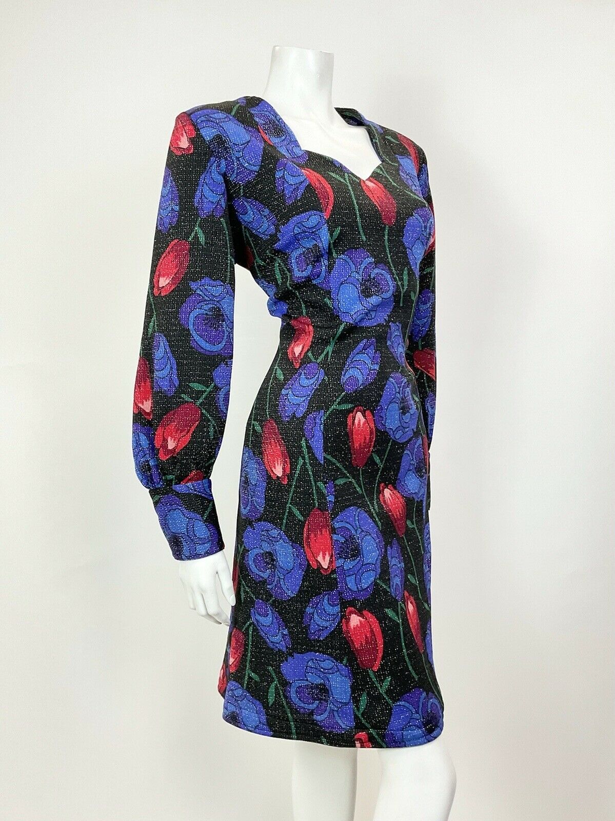 VINTAGE 60s 70s BLACK BLUE RED FLORAL ROSE TULIP LUREX PARTY GLAM DRESS 16 18