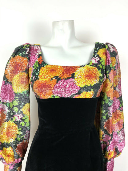 VINTAGE 60s 70s BLACK PINK ORANGE GREEN LUREX VELVET FLORAL EMPIRE LINE DRESS 8