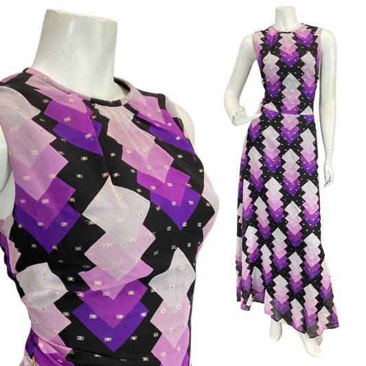 VINTAGE 60s 70s PURPLE BLACK SILVER DIAMOND GEOMETRIC MOD MAXI DRESS 10